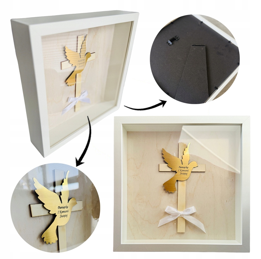 PAMIĄTKA Pierwszej Komunii Świętej upominek RAMKA 3D krzyż i gołębica