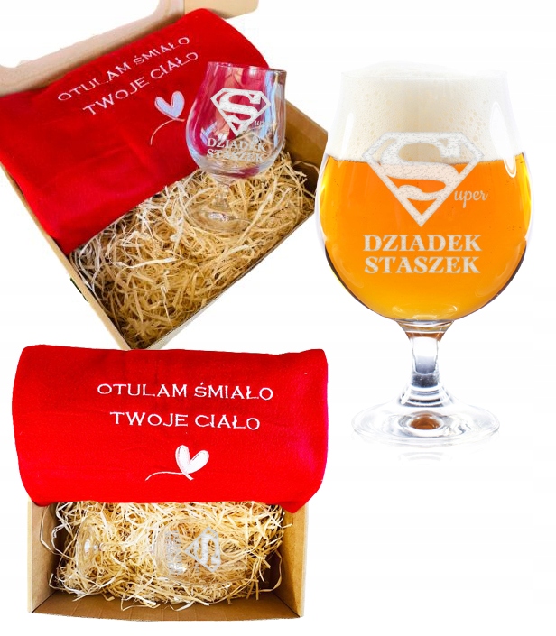 ZESTAW KOC z haftem i POKAL kufel do piwa grawerowany Dzień Dziadka prezent