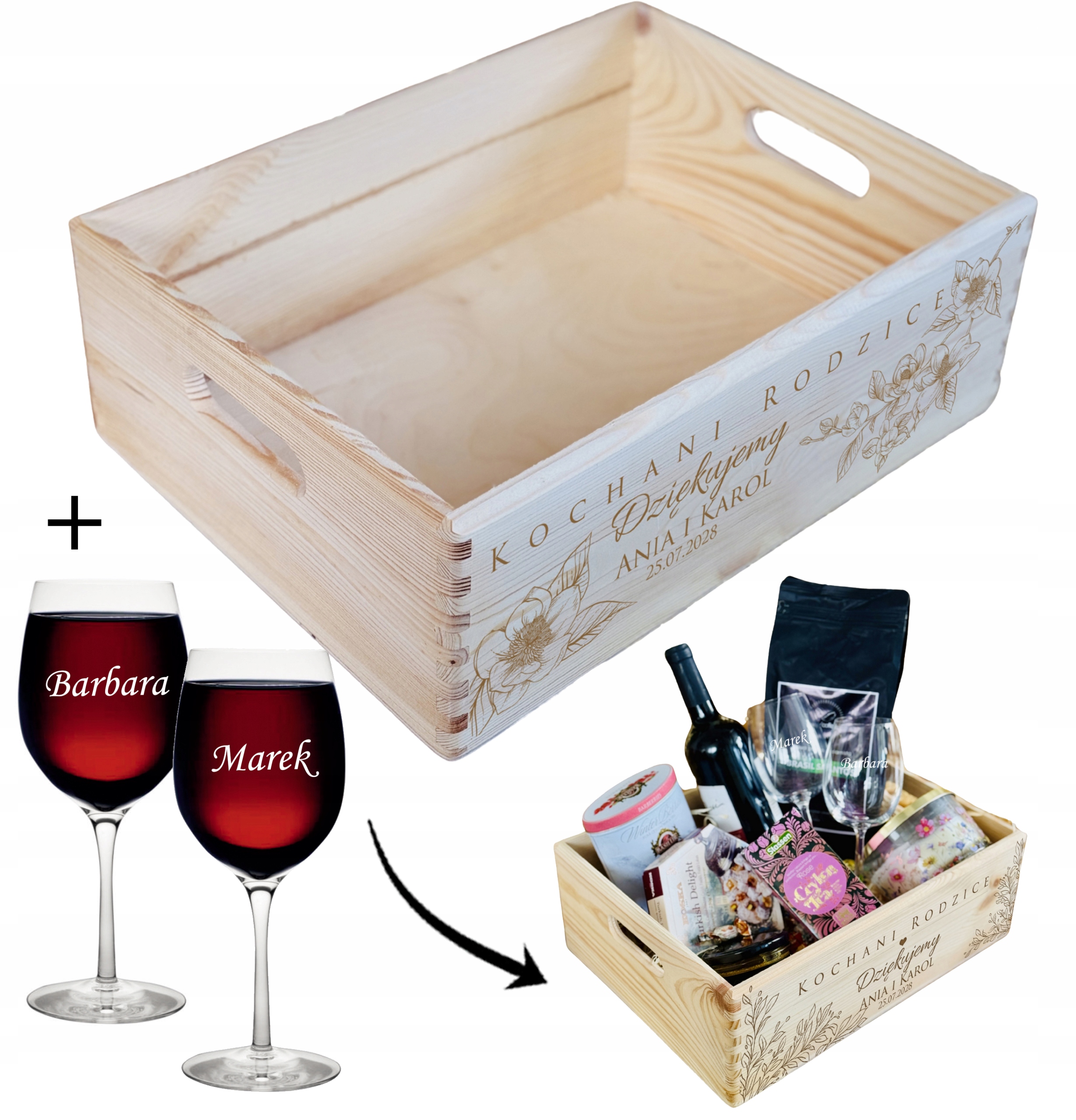 SKRZYNKA Kosz PODZIĘKOWANIA DLA RODZICÓW naturalna XL KIELISZKI + GRAWER