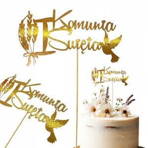 TOPPER toper złoty dekoracja na tort Pierwsza KOMUNIA Święta gołębica