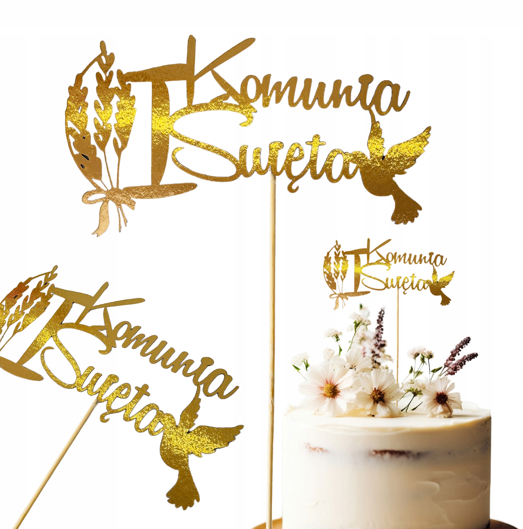 TOPPER toper złoty dekoracja na tort Pierwsza KOMUNIA Święta gołębica