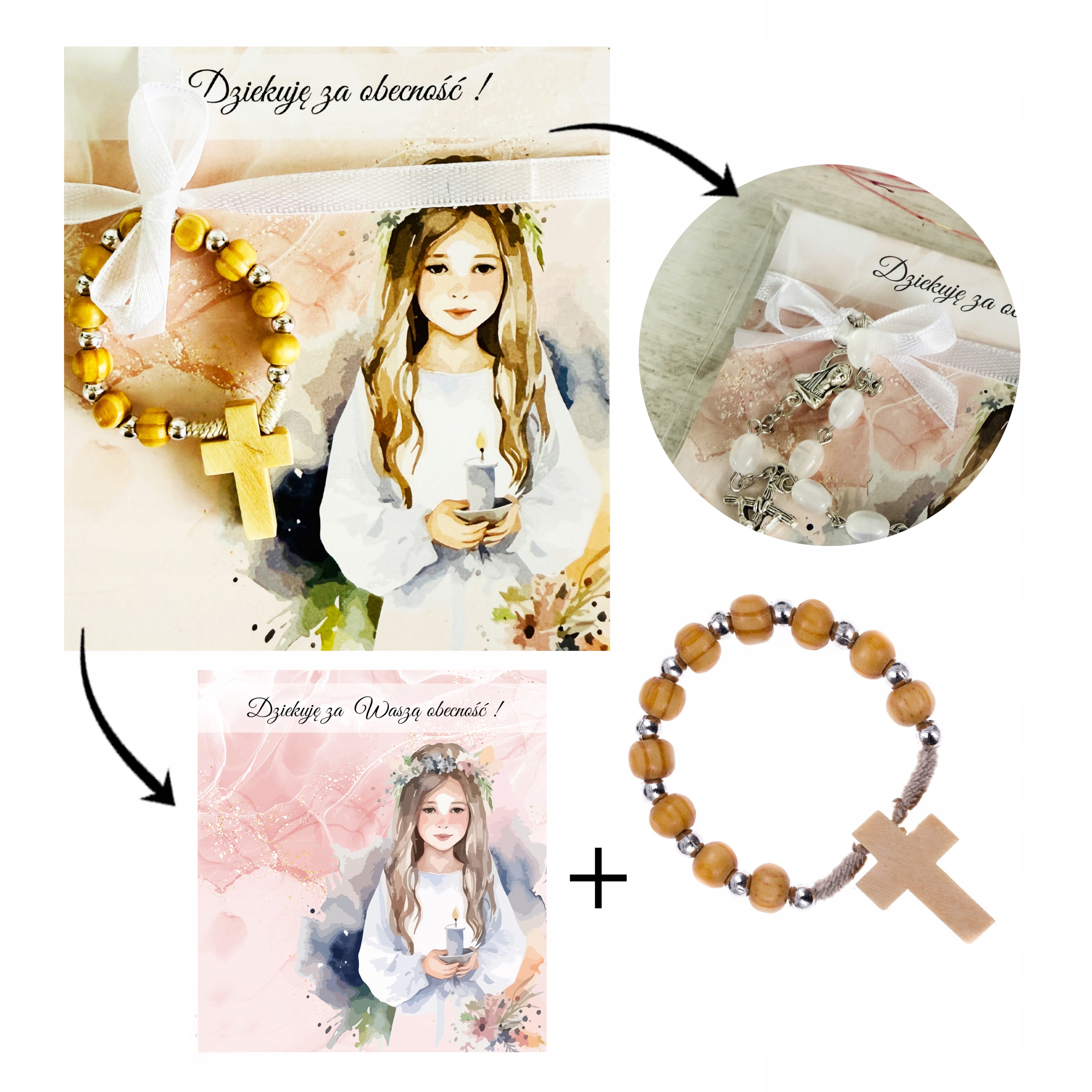 PODZIĘKOWANIE upominek RÓŻANIEC dziesiątek różańca dla Gości KOMUNIA drewno