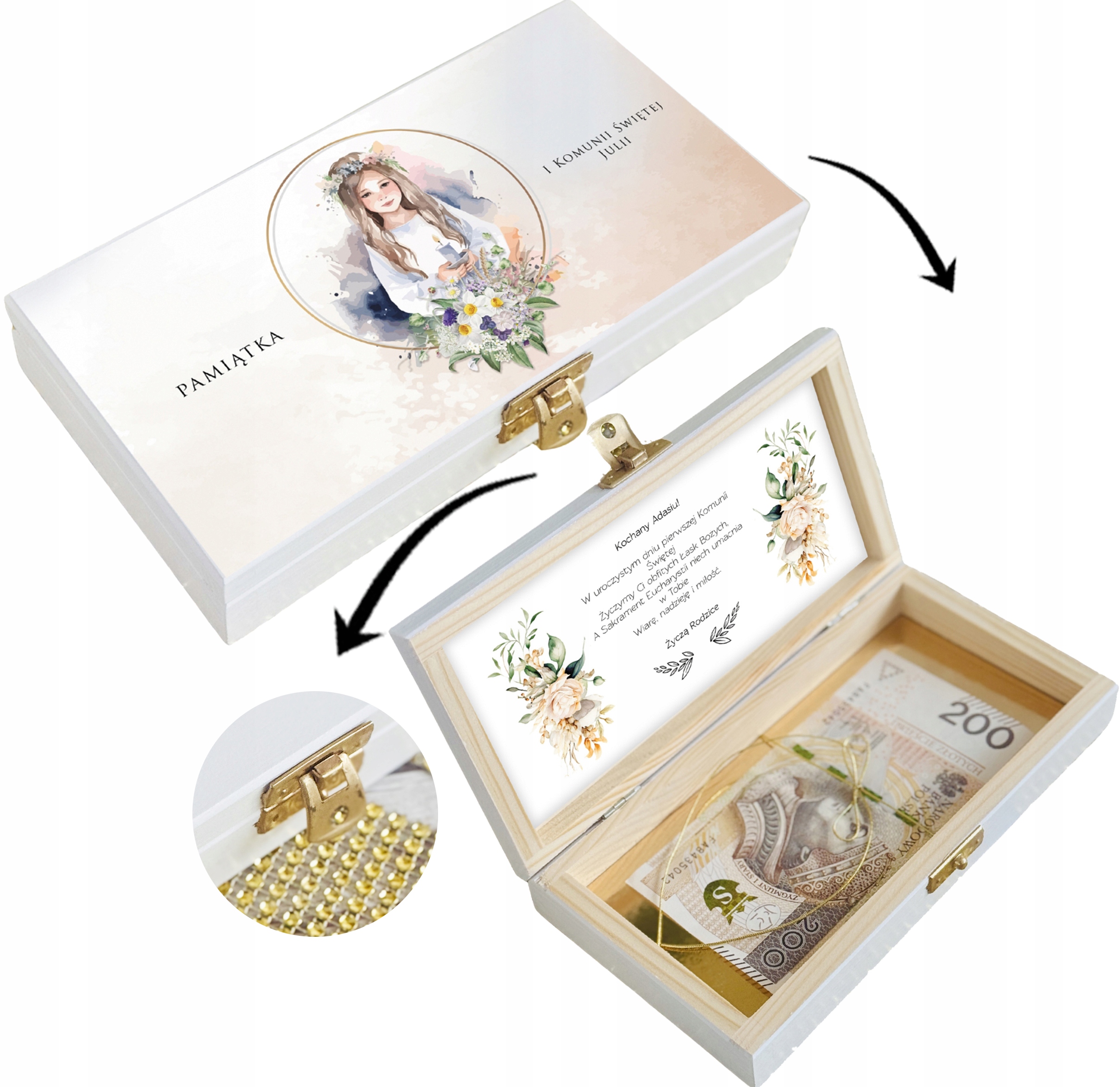 PAMIĄTKA z okazji PIERWSZEJ KOMUNII ŚWIĘTEJ SZKATUŁKA pudełko nadruk WZORY