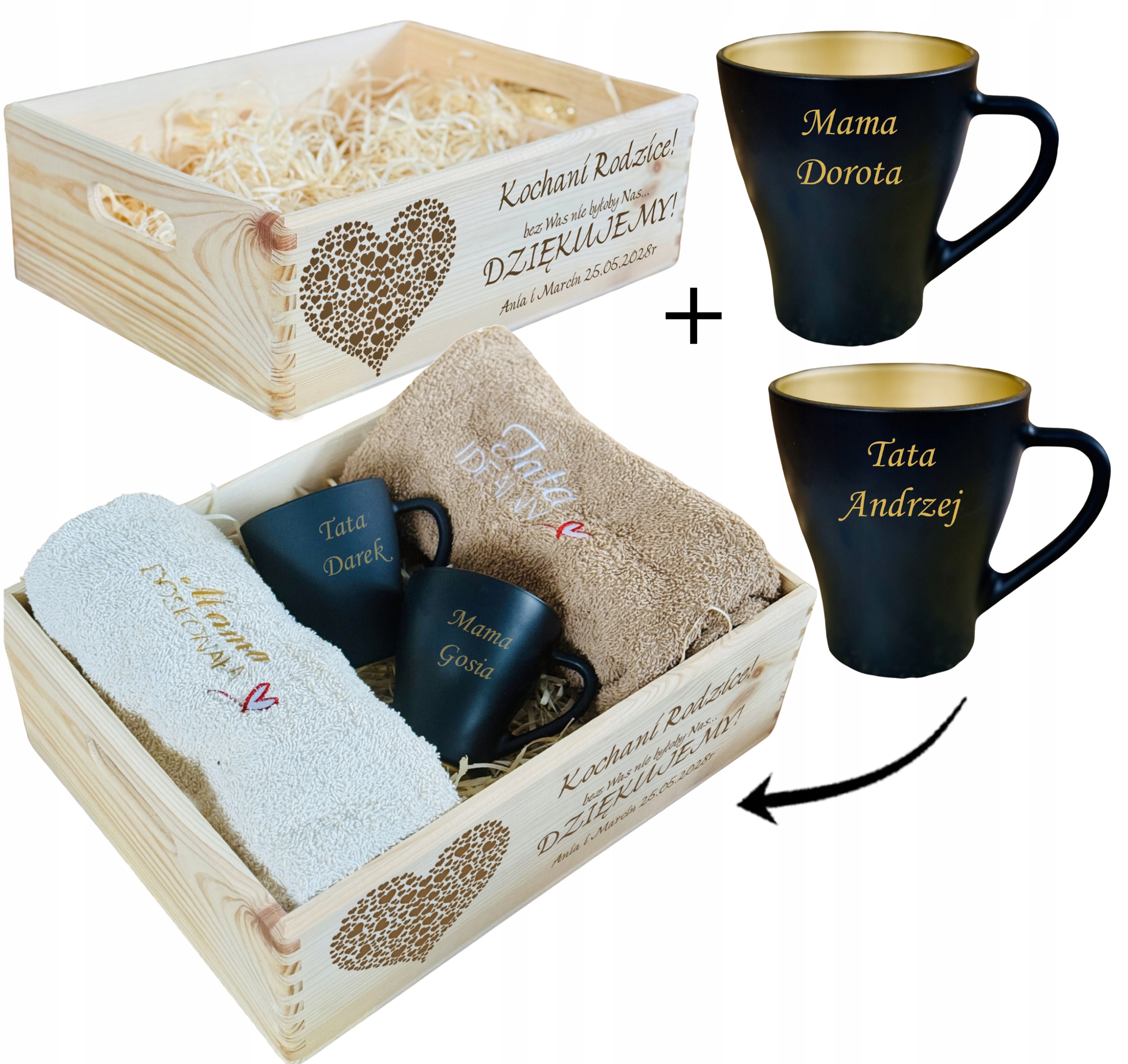 SKRZYNKA XXL Kosz PODZIĘKOWANIA DLA RODZICÓW ręczniki kubki czarne + GRAWER