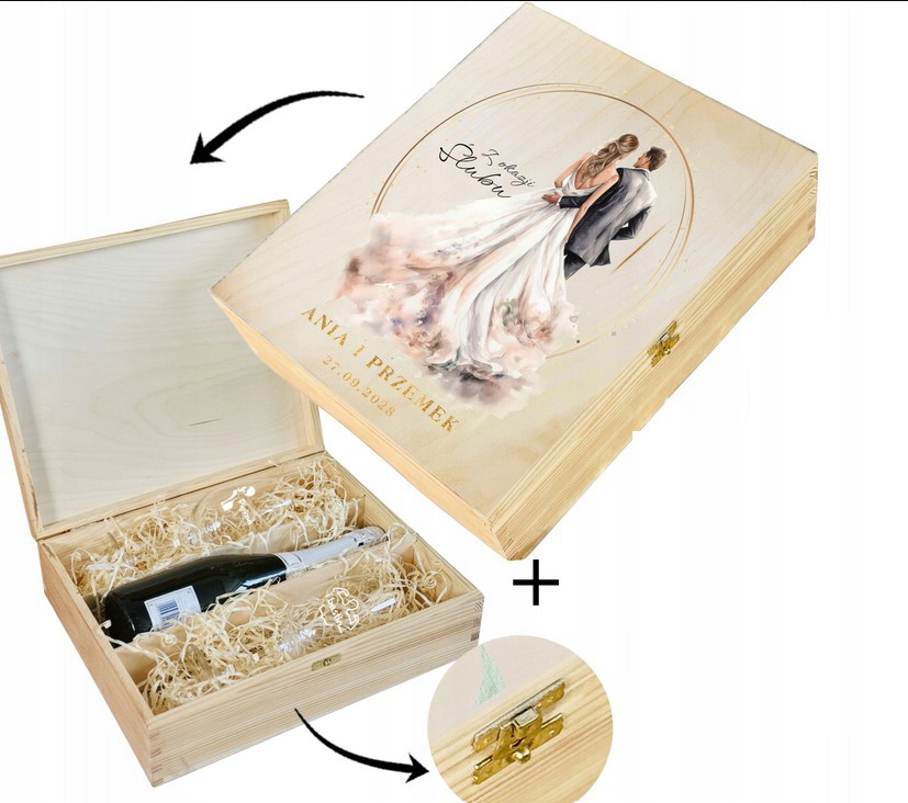 PREZENT UPOMINEK z okazji ŚLUBU SKRZYNKA + życzenia Z NADRUKIEM wzory ślub