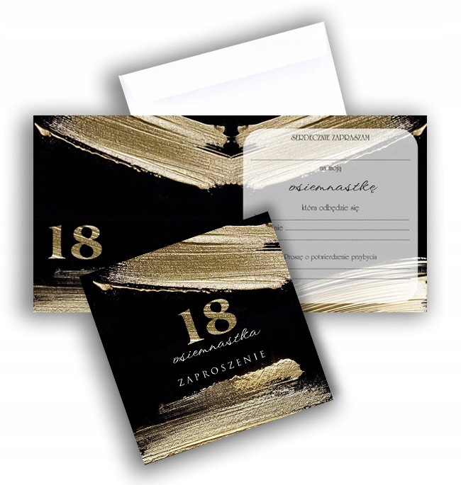 Zaproszenia na 18 URODZINY osiemnastkę zaproszenia + koperta ZŁOTO CZARNE
