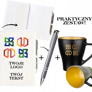 PREZENT FIRMOWY REKLAMOWY zestaw NOTES KUBEK czarno złoty TWOJE LOGO TEKST