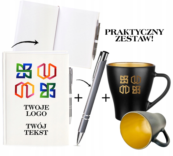 PREZENT FIRMOWY REKLAMOWY zestaw NOTES KUBEK czarno złoty TWOJE LOGO TEKST