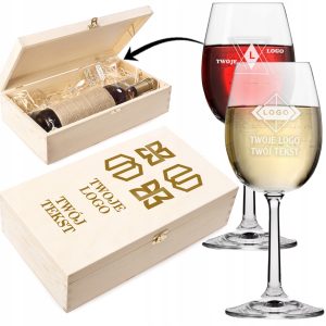 SKRZYNKA i KIELISZEK do wina GADŻET REKLAMOWY firmowy z GRAWEREM TWOJE LOGO