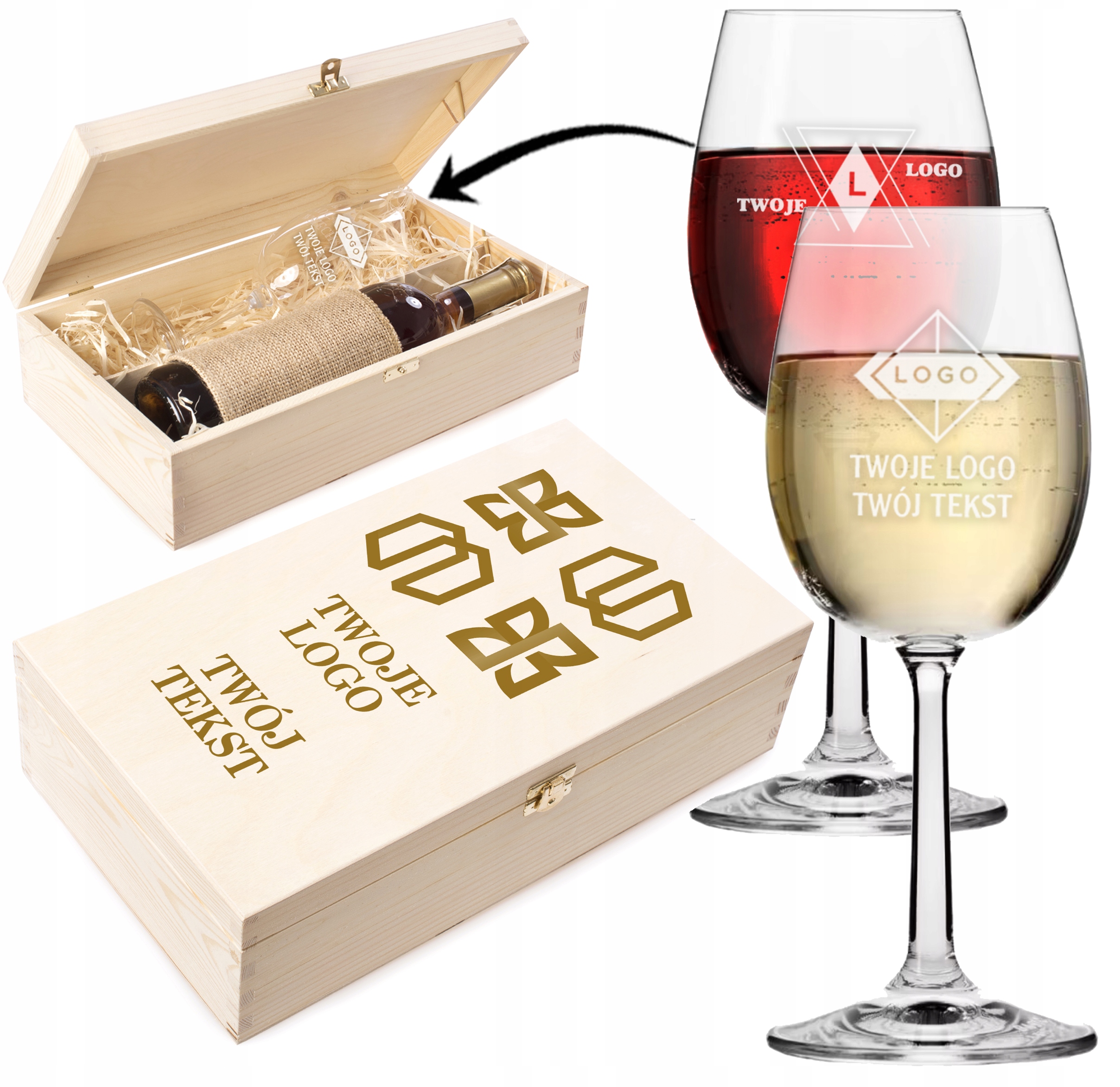 SKRZYNKA i KIELISZEK do wina GADŻET REKLAMOWY firmowy z GRAWEREM TWOJE LOGO
