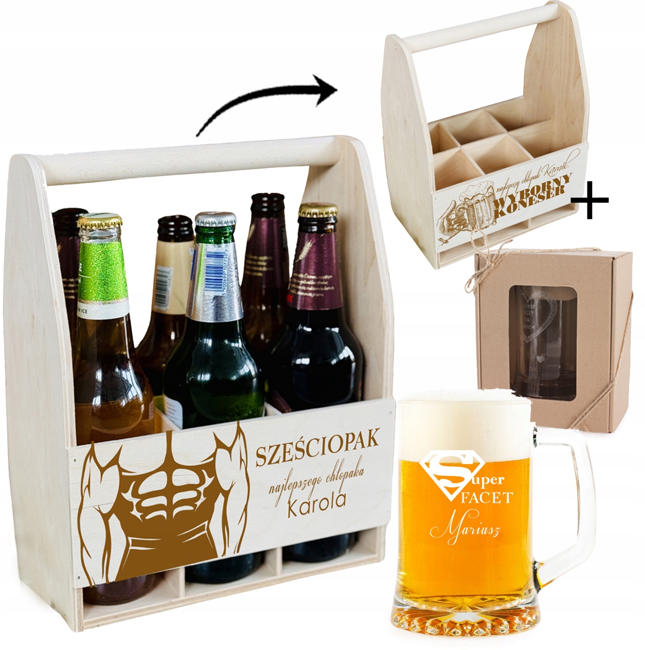 PREZENT upominek ZESTAW na DZIEŃ CHŁOPAKA SKRZYNKA NA PIWO + KUFEL + GRAWER