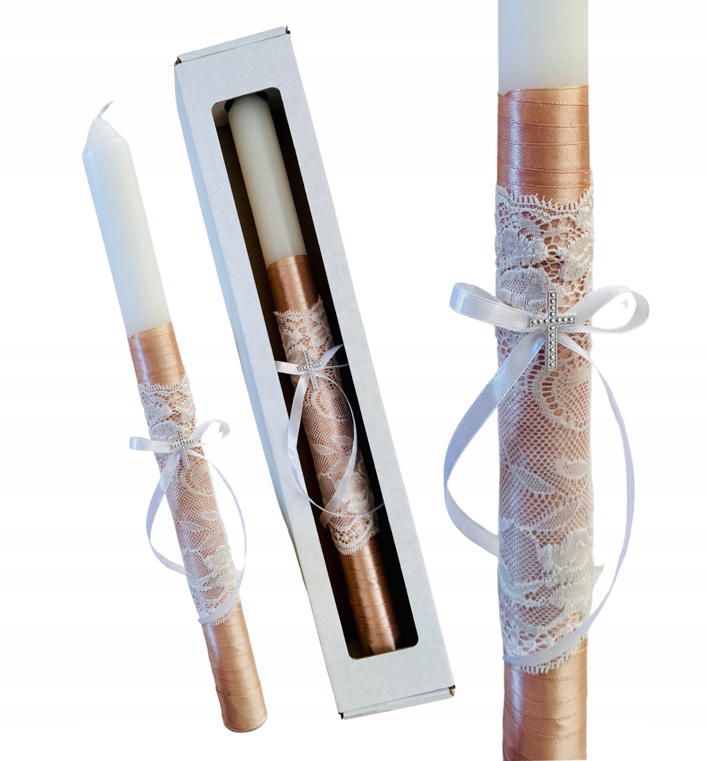 Świeca do CHRZTU GROMNICA na komunię ręcznie zdobiona satyna koronka 40cm