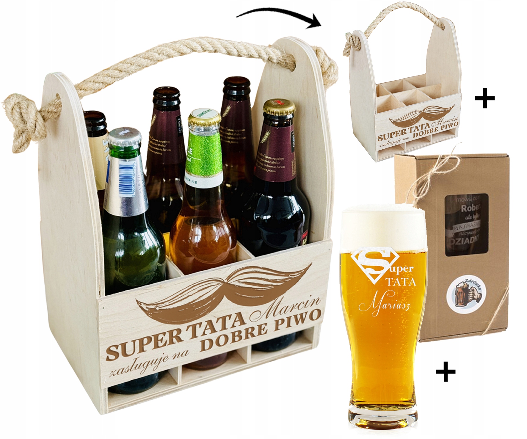 ZESTAW prezent na DZIEŃ TATY upominek SKRZYNKA NA PIWO sznur + KUFEL GRAWER