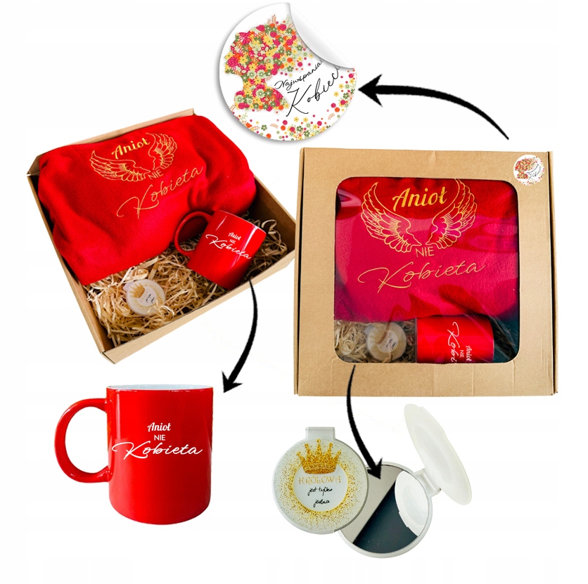 PREZENT UPOMINEK na DZIEŃ KOBIET MAMY koc z haftem skrzydła + kubek ZESTAW