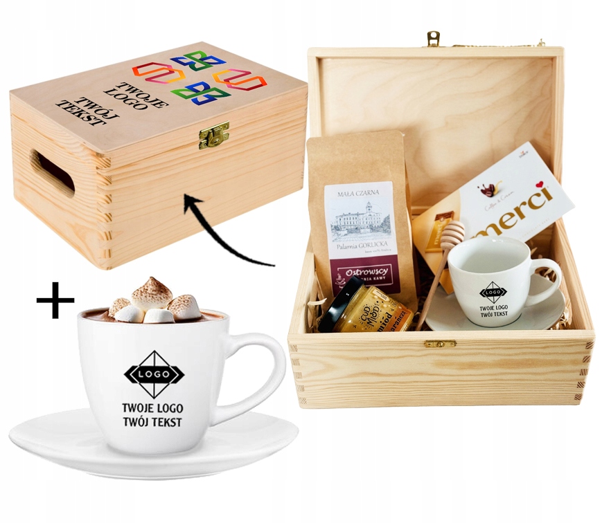 PREZENT FIRMOWY W SKRZYNI KAWA CZEKOLADA FILIŻANKA zestaw TWOJE LOGO TEKST