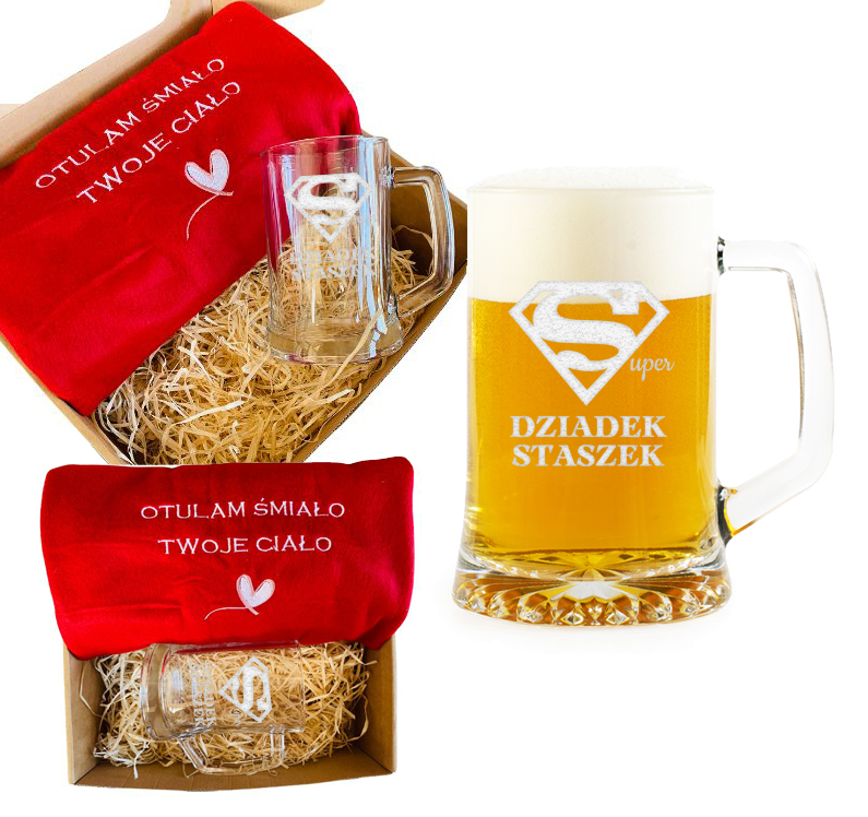 ZESTAW KOC z haftem i KUFEL do piwa z uchem grawerowany na Dzień Dziadka