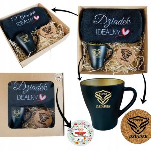 PREZENT UPOMINEK na DZIEŃ DZIADKA ręcznik kubek podkładka ZESTAW czarny
