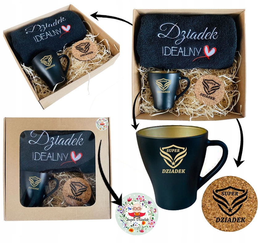 PREZENT UPOMINEK na DZIEŃ DZIADKA ręcznik kubek podkładka ZESTAW czarny