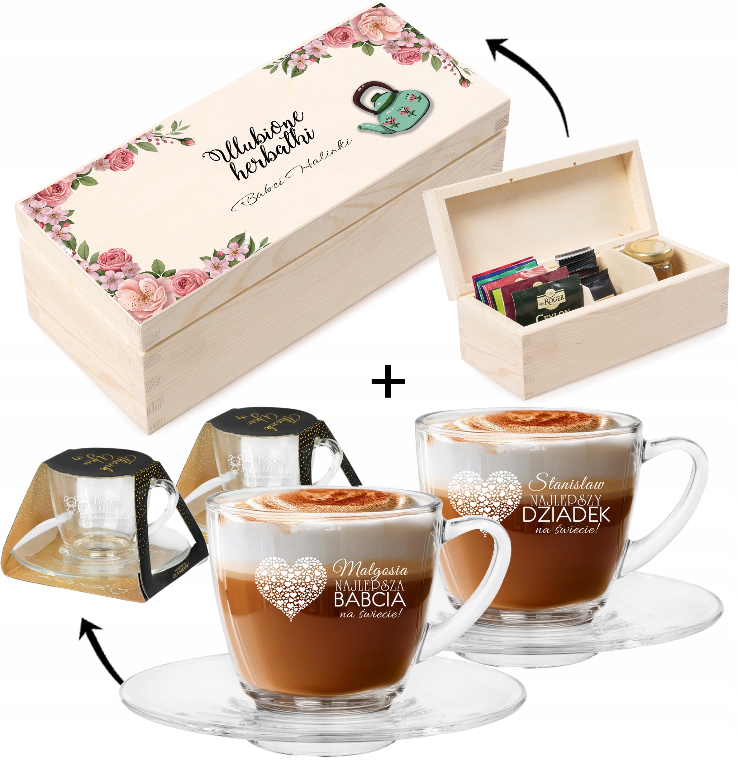 PREZENT ZESTAW z okazji na DZIEŃ BABCI DZIADKA 2 FILIŻANKI + 1 HERBACIARKA