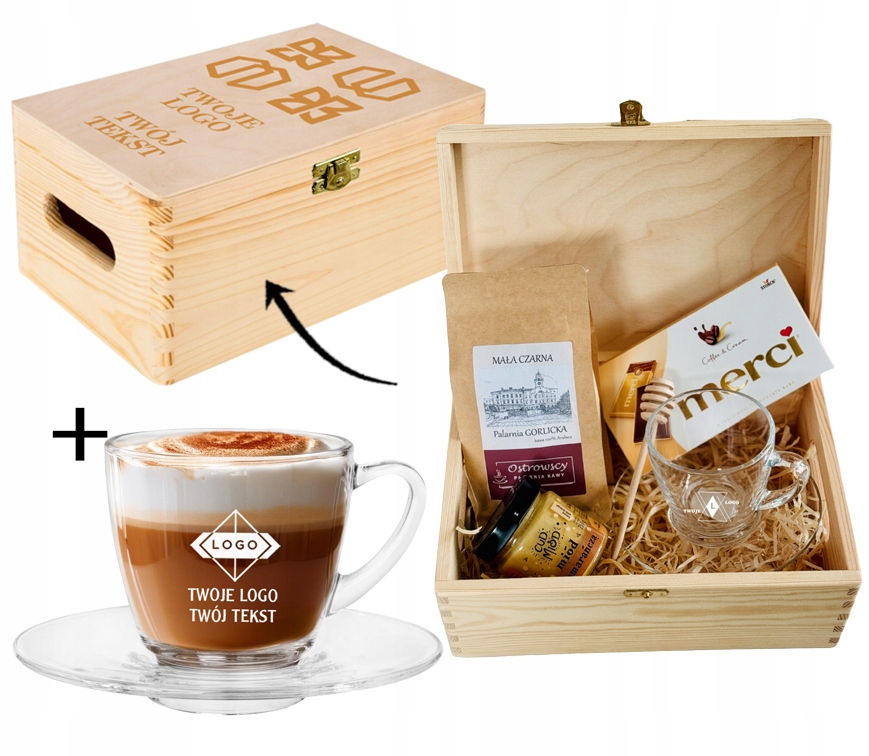 PREZENT FIRMOWY W SKRZYNI zestaw KAWA CZEKOLADA FILIŻANKA GRAWER TWOJE LOGO