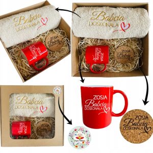PREZENT na DZIEŃ BABCI ręcznik haft kubek podkładka ZESTAW PERSONALIZOWANY