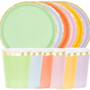 Zestaw Talerzyki + Kubeczki kolorowe ze złotymi brzegami PARTY 12 szt