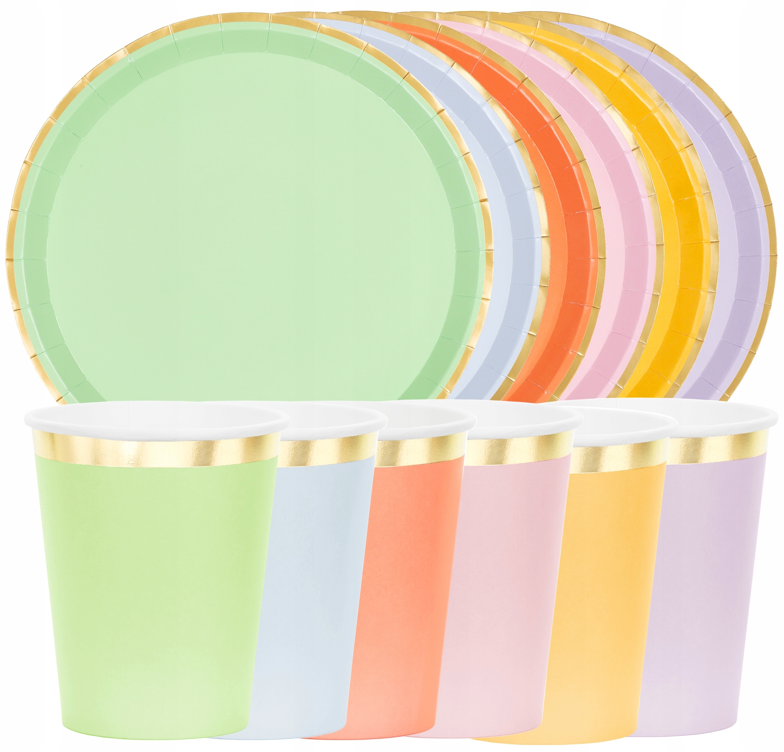 Zestaw Talerzyki + Kubeczki kolorowe ze złotymi brzegami PARTY 12 szt