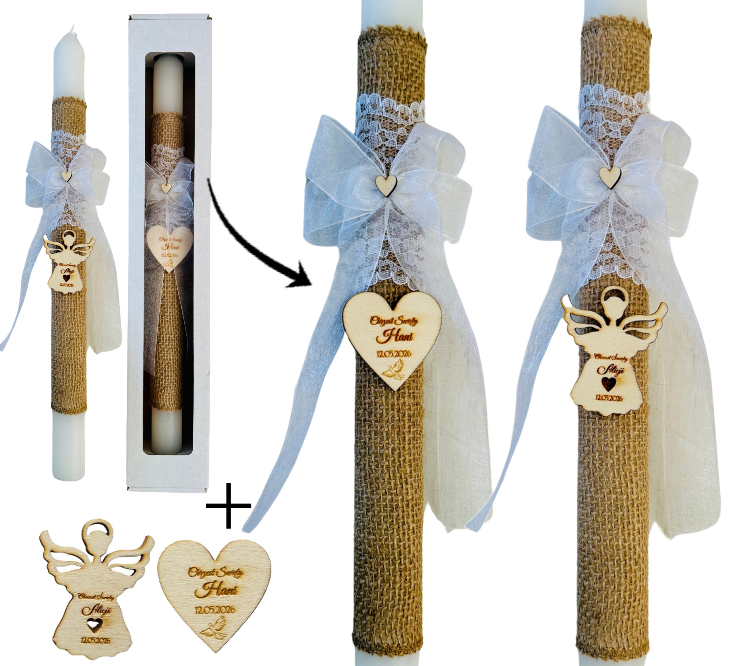 Świeca do CHRZTU GROMNICA na komunię ręcznie zdobiona juta SERCE ANIOŁ IMIĘ