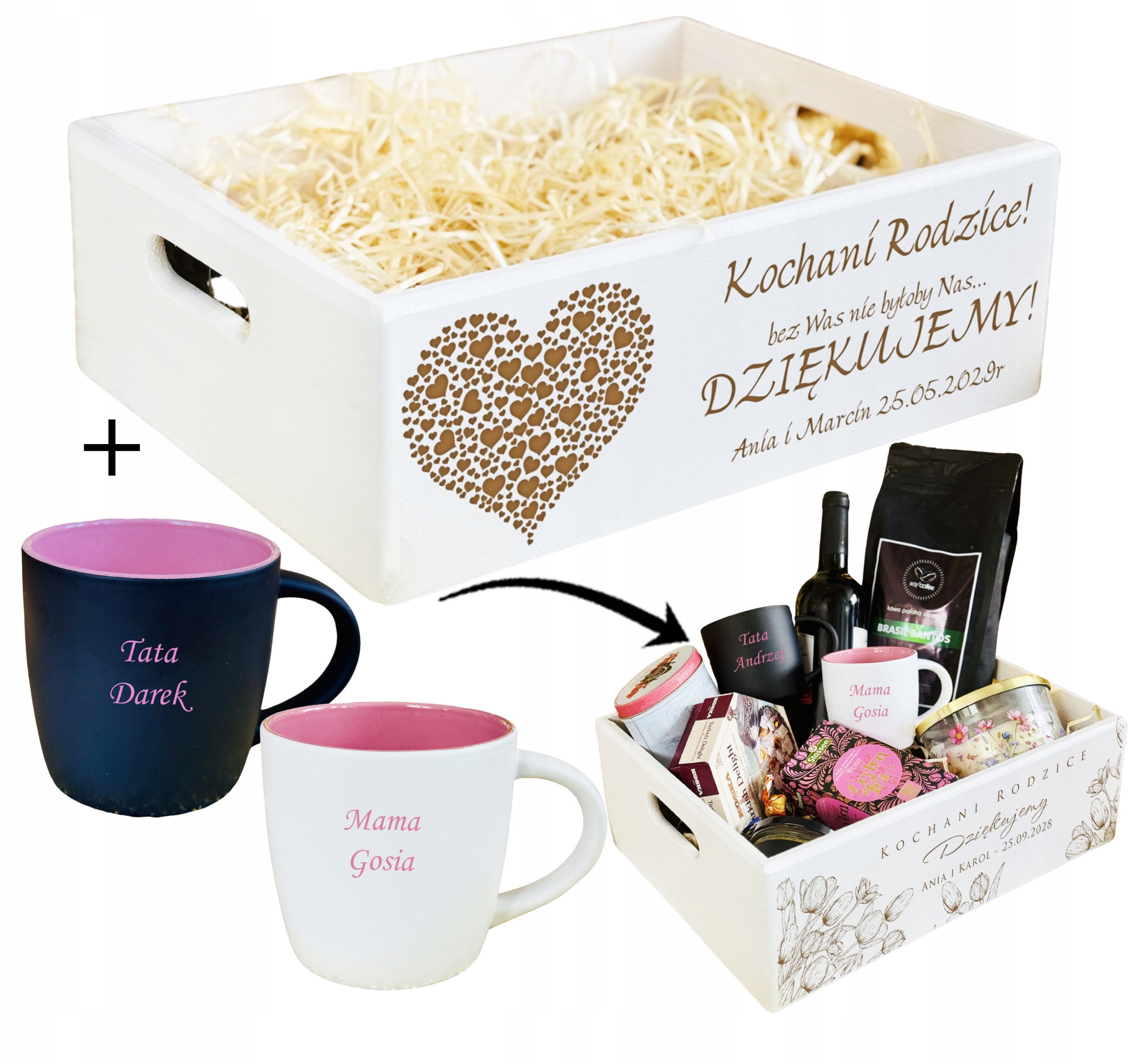 SKRZYNKA Kosz PODZIĘKOWANIA DLA RODZICÓW biała XL+ KUBKI różowy środek IMIĘ