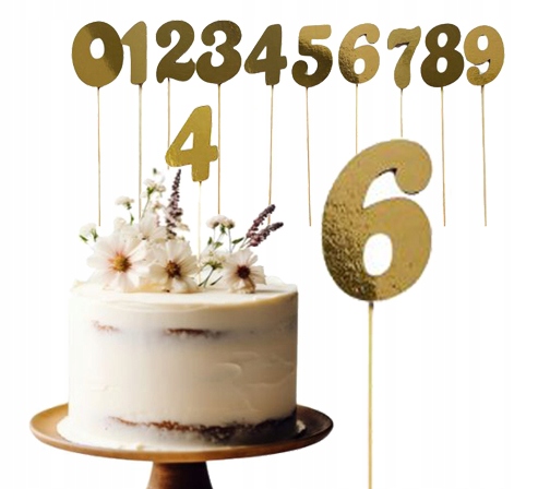 TOPPER PIK na tort cyfry 0 1 2 3 4 5 6 7 8 9 urodziny złoty lustrzany