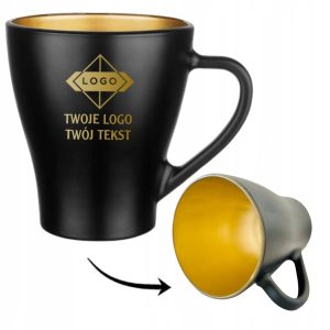 KUBKI REKLAMOWE GRAWER z TWOIM LOGO twoje napisy KUBEK CZARNY ZŁOTY ŚRODEK