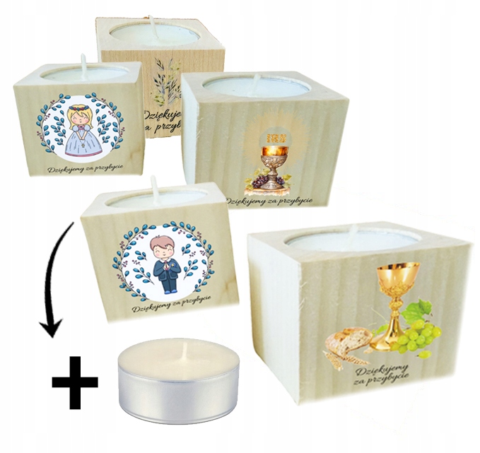 PODZIĘKOWANIE UPOMINEK dla Gości KOMUNIA Święta ŚWIECZNIK tealight drewno