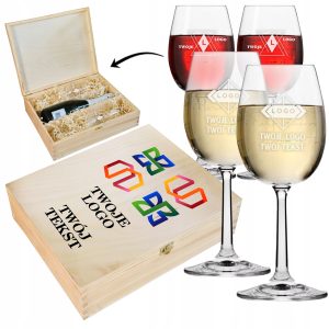 SKRZYNKA duża + 2 KIELISZKI do wina GADŻET firmowy z NADRUKIEM TWOJE LOGO