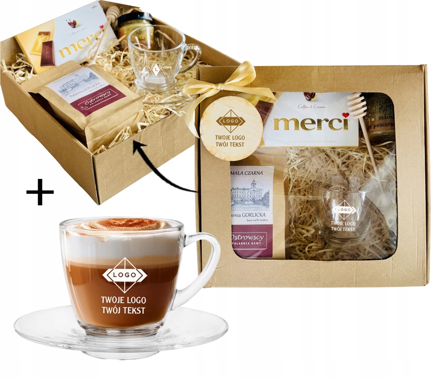 PREZENT FIRMOWY W PUDEŁKU zestaw KAWA CZEKOLADA FILIŻANKA GRAWER TWOJE LOGO