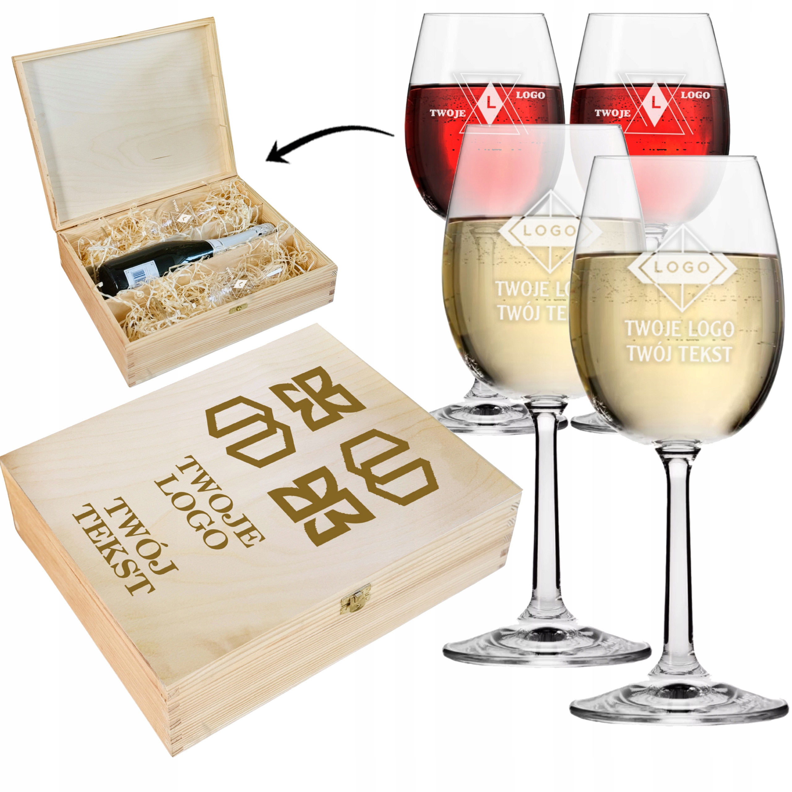 SKRZYNKA DUŻA + 2 KIELISZKI do wina GADŻET FIRMOWY z grawerem TWOJE LOGO