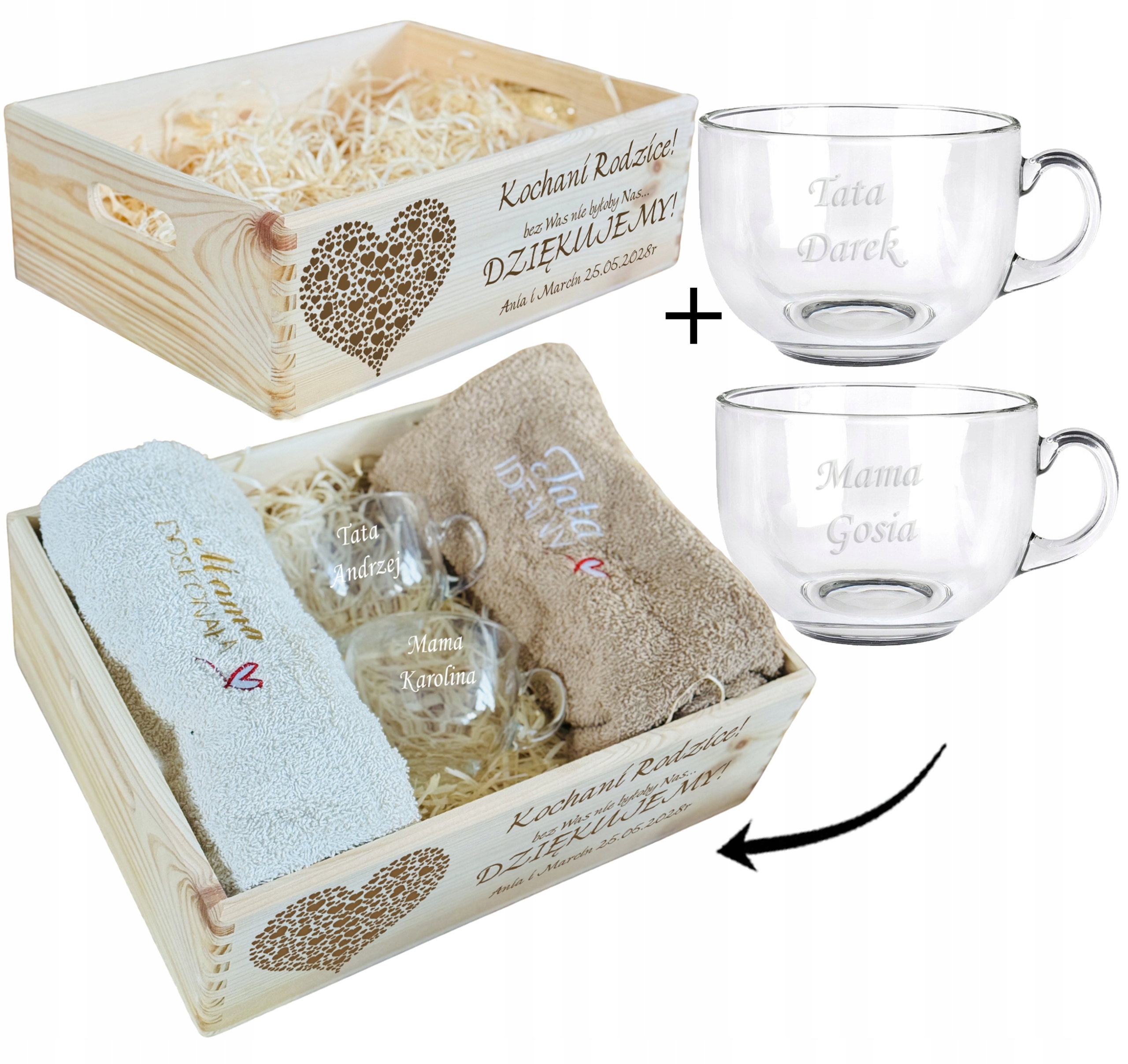Zestaw UPOMINKOWY dla RODZICÓW drewniana SKRZYNIA ręczniki filiżanka GRAWER