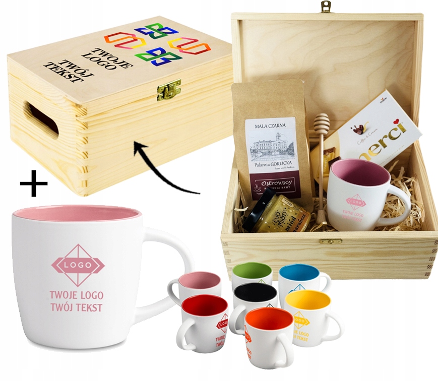 PREZENT FIRMOWY W SKRZYNI nadruk UV KAWA CZEKOLADA KUBEK GRAWER TWOJE LOGO