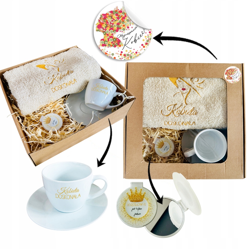 PREZENT UPOMINEK na DZIEŃ KOBIET MAMY ręcznik z haftem + filiżanka ZESTAW