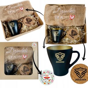 PREZENT UPOMINEK na DZIEŃ DZIADKA ręcznik haftowany kubek podkładka ZESTAW