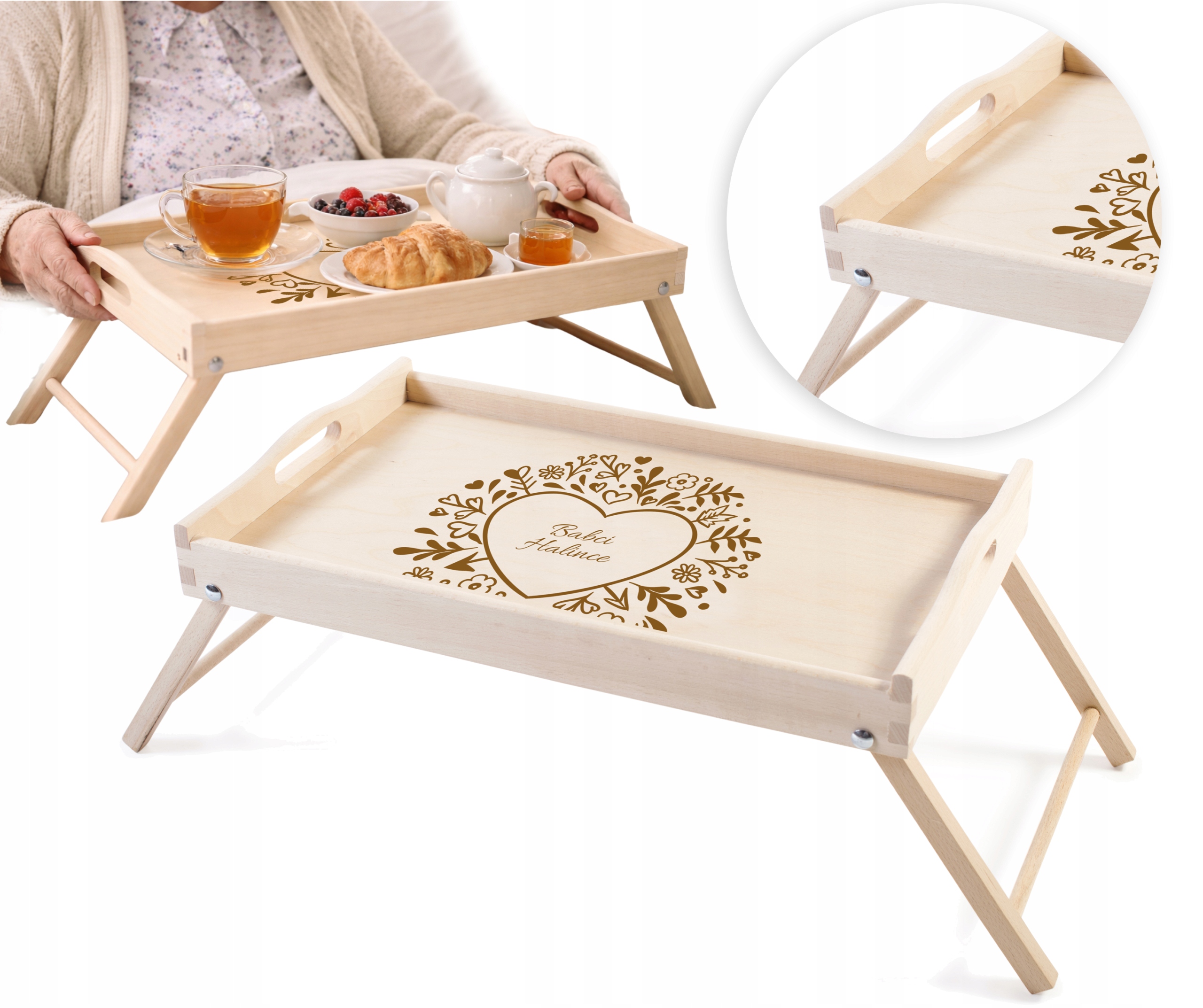 STOLIK ŚNIADANIOWY taca do łóżka PREZENT na DZIEŃ BABCI DZIADKA GRAWER IMIĘ