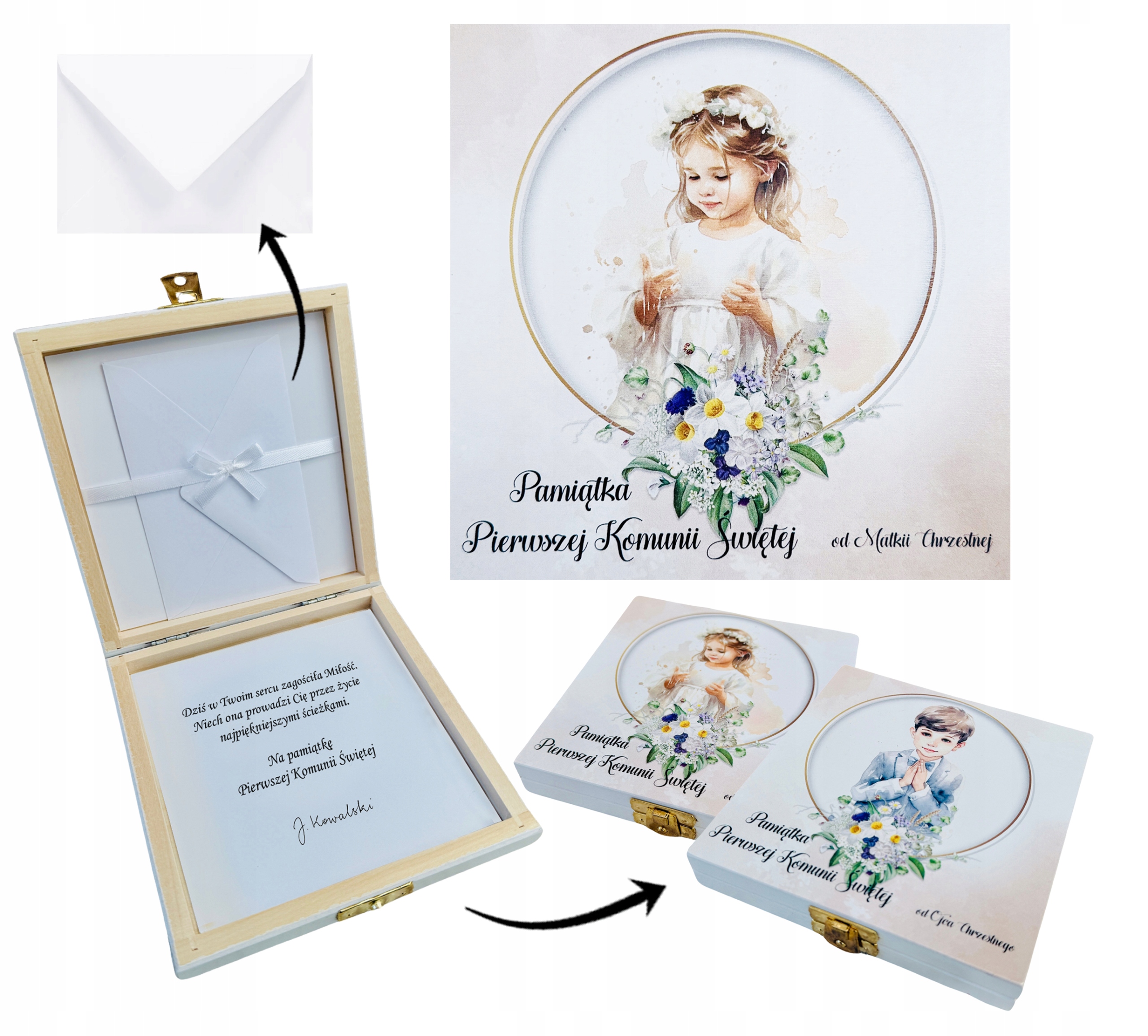 PAMIĄTKA I Komunii Świętej SZKATUŁKA od Matki Chrzestnej Ojca Chrzestnego