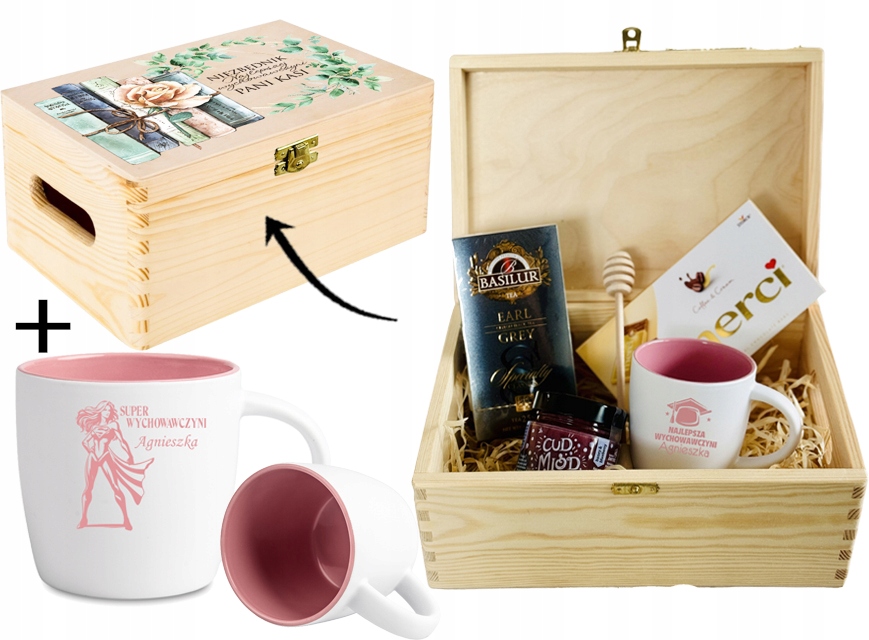 PREZENT upominek na DZIEŃ NAUCZYCIELA ZESTAW w SKRZYNCE z KUBKIEM WZORY