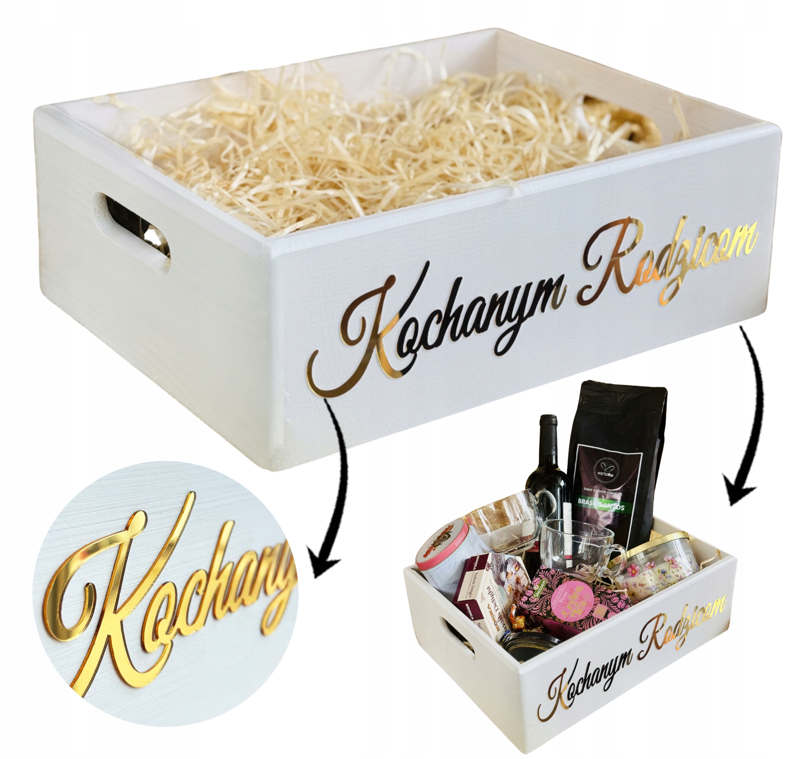 SKRZYNKA Kosz PODZIĘKOWANIA DLA RODZICÓW drewniana biała ZŁOTE NAPISY