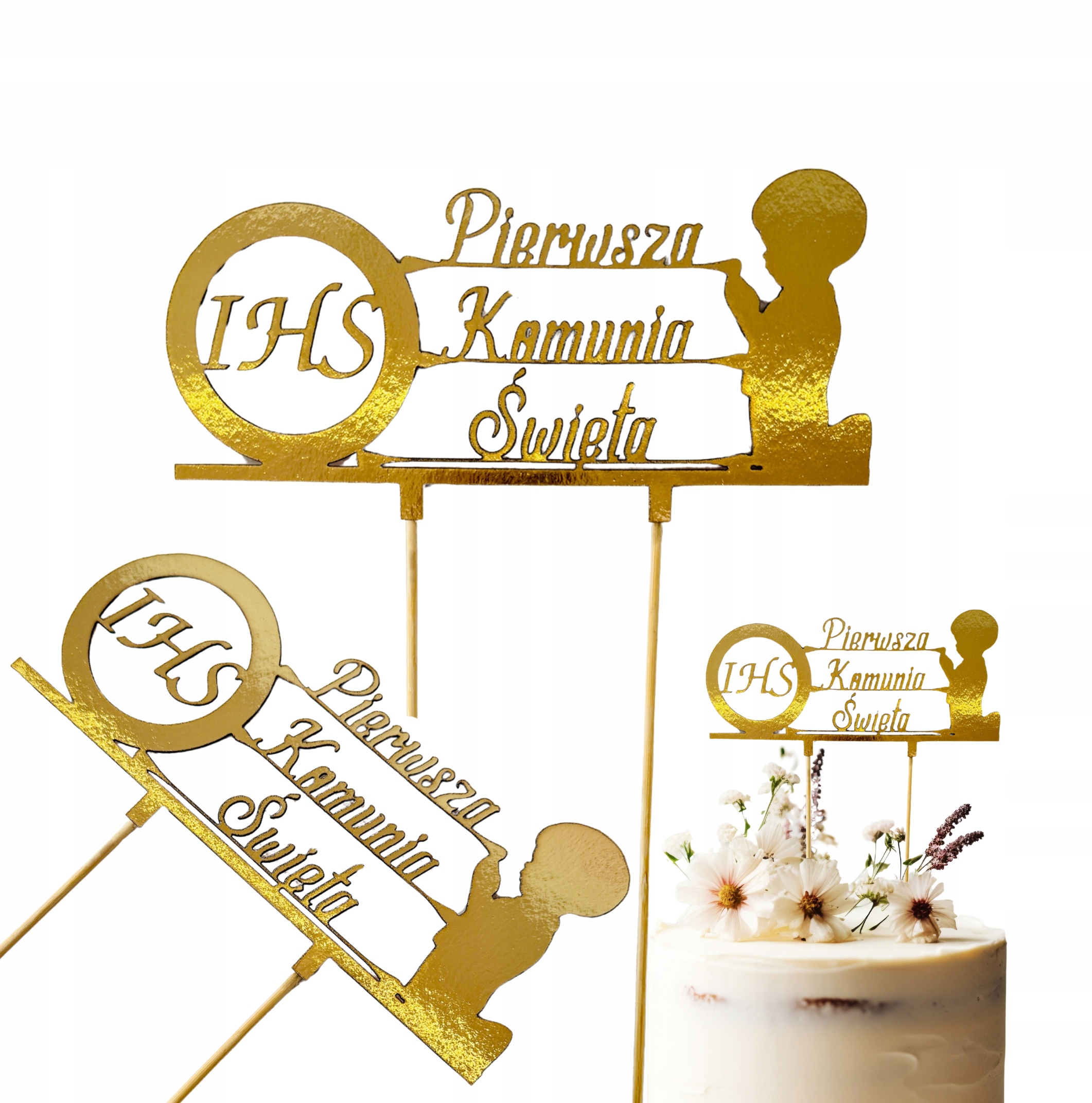 TOPPER toper złoty dekoracja na tort Pierwsza KOMUNIA Święta chłopczyk