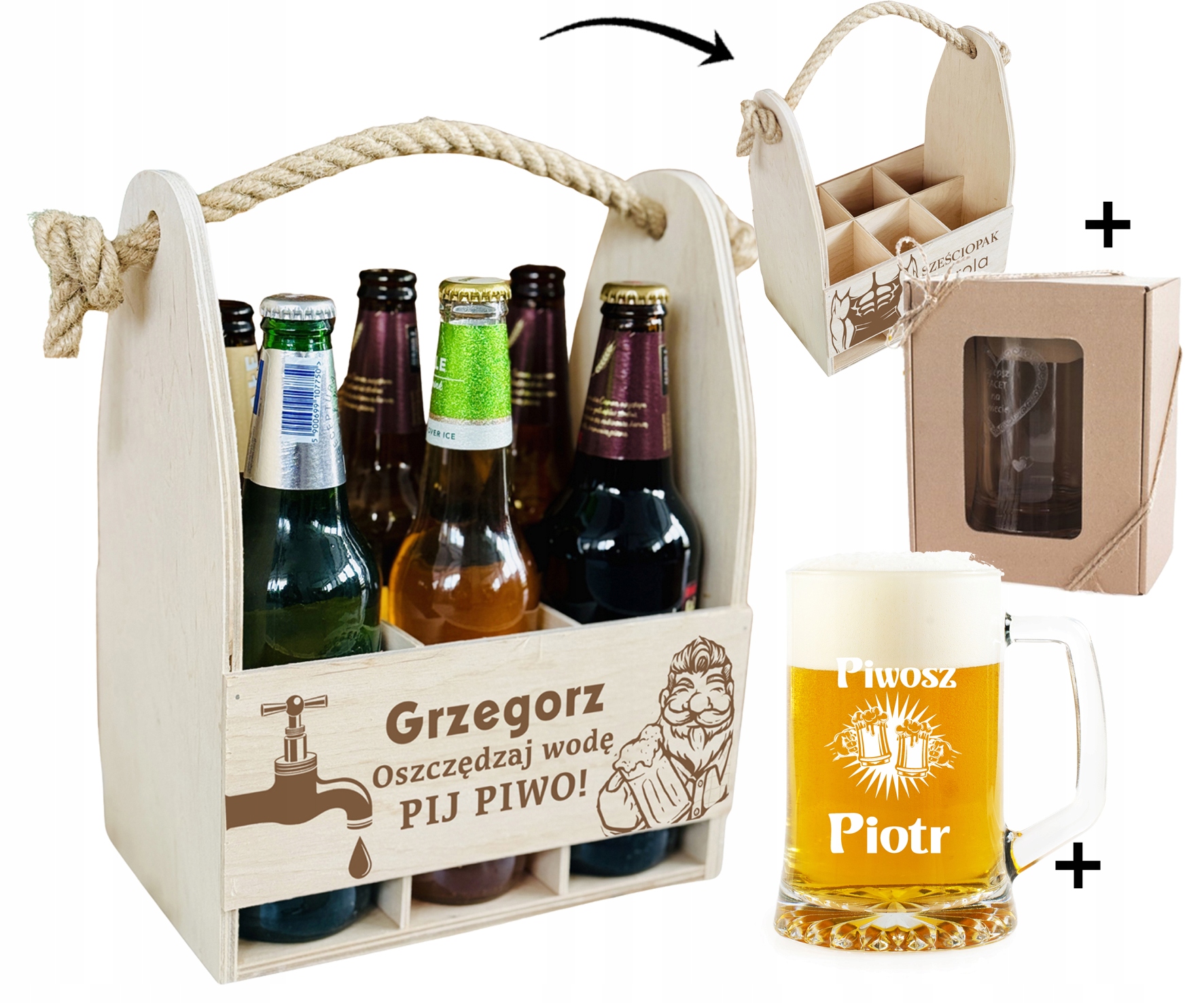 PREZENT na urodziny dla FACETA ZESTAW NOSIDŁO skrzynka na PIWO + KUFEL DUŻY