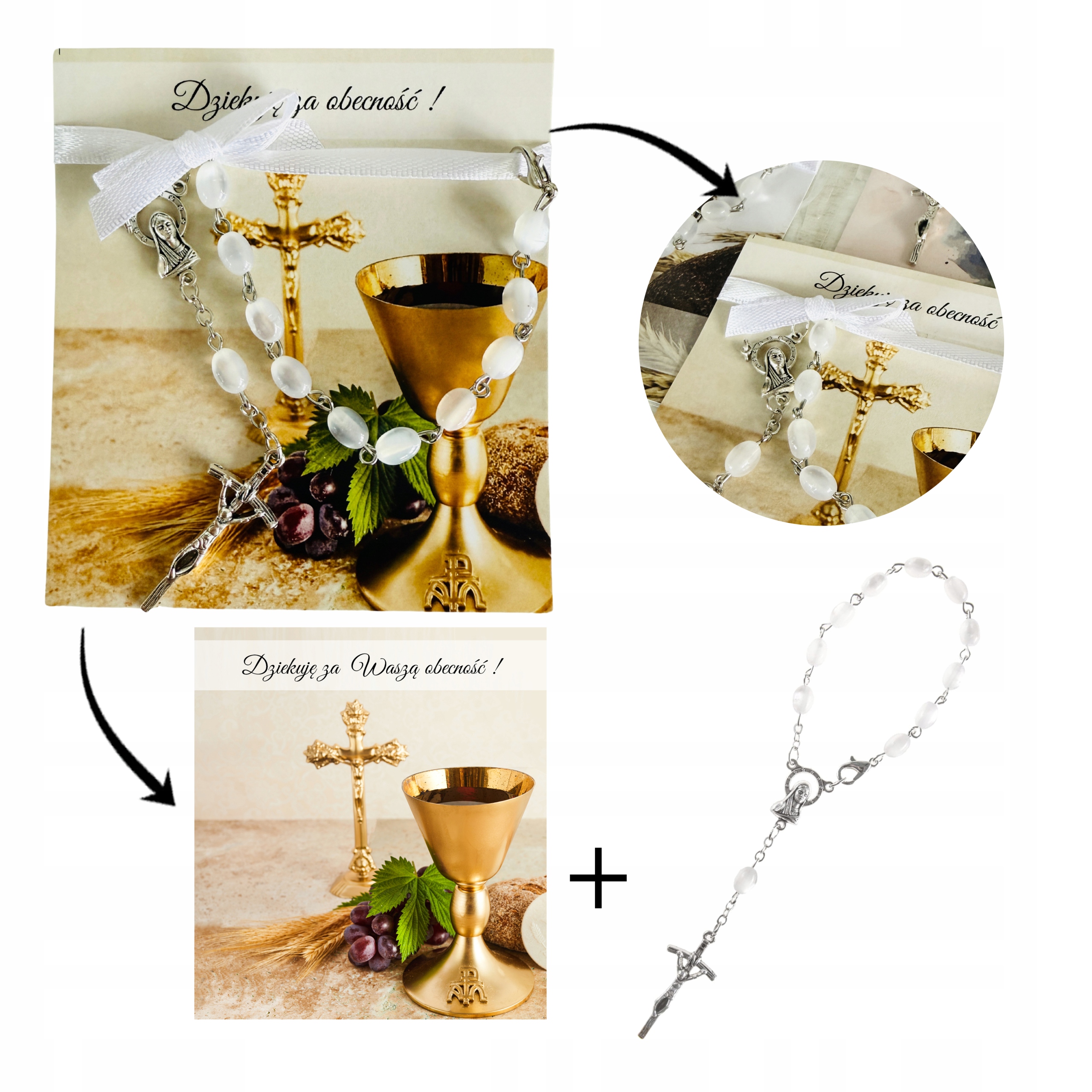 PODZIĘKOWANIE upominek RÓŻANIEC dziesiątek różańca dla Gości KOMUNIA BIAŁY