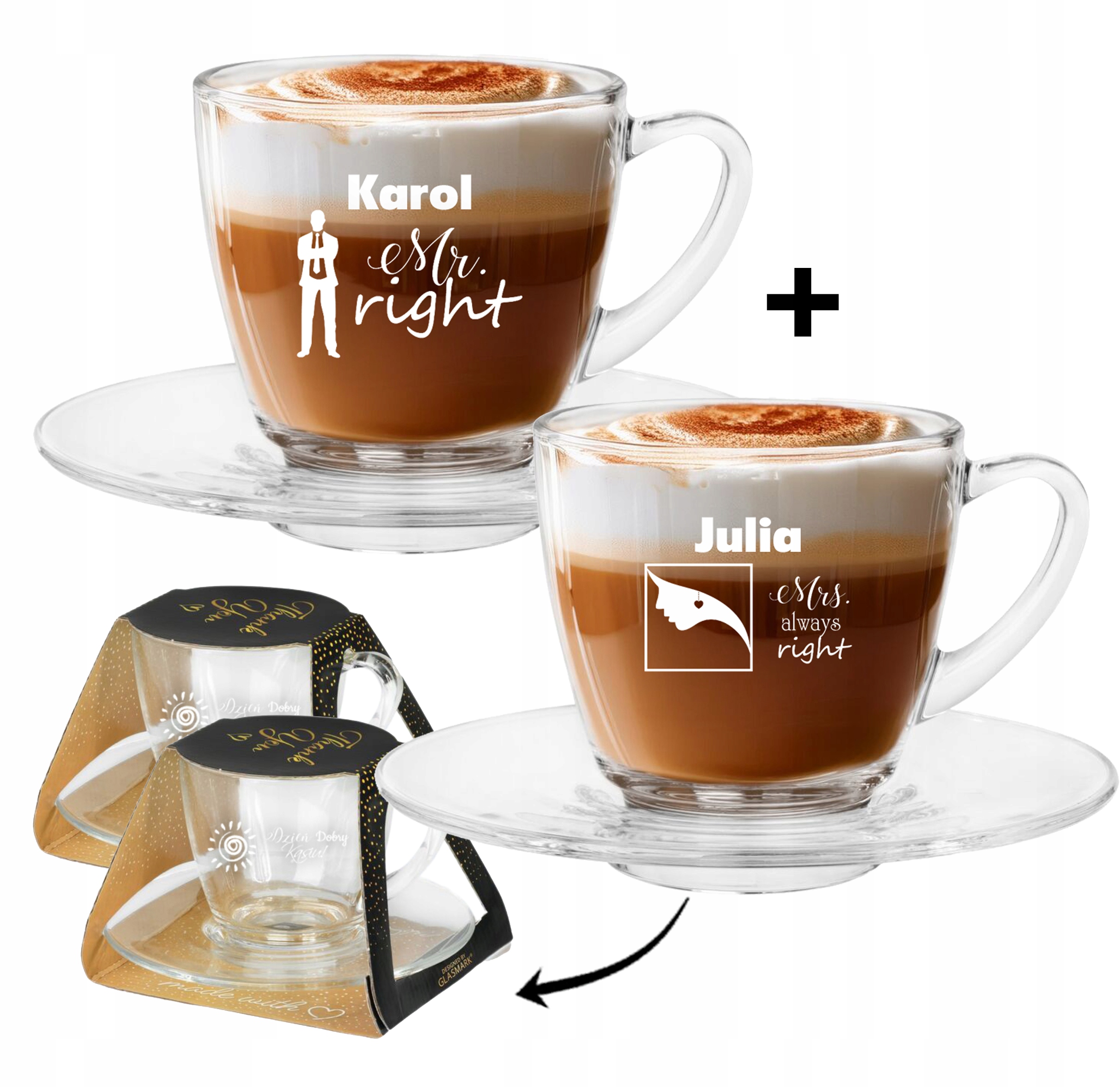 ZESTAW 2x FILIŻANKA duża SZKLANA + spodek PREZENT GRAWER imię OKAZJE WZORY
