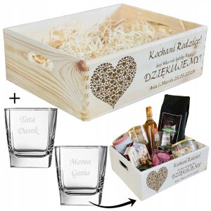 SKRZYNKA Kosz PODZIĘKOWANIA DLA RODZICÓW naturalna XL SZKLANKI + GRAWER
