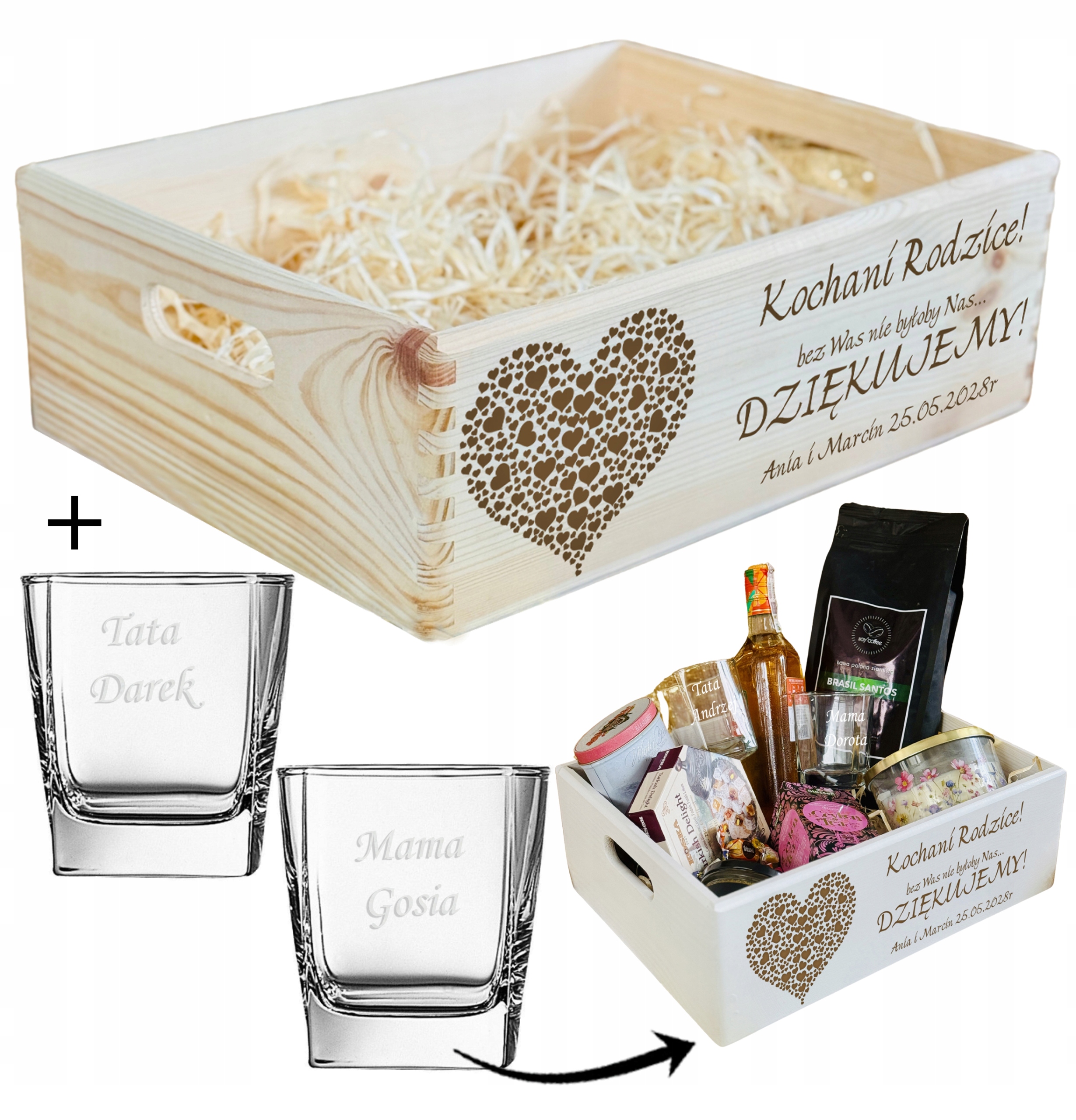 SKRZYNKA Kosz PODZIĘKOWANIA DLA RODZICÓW naturalna XL SZKLANKI + GRAWER