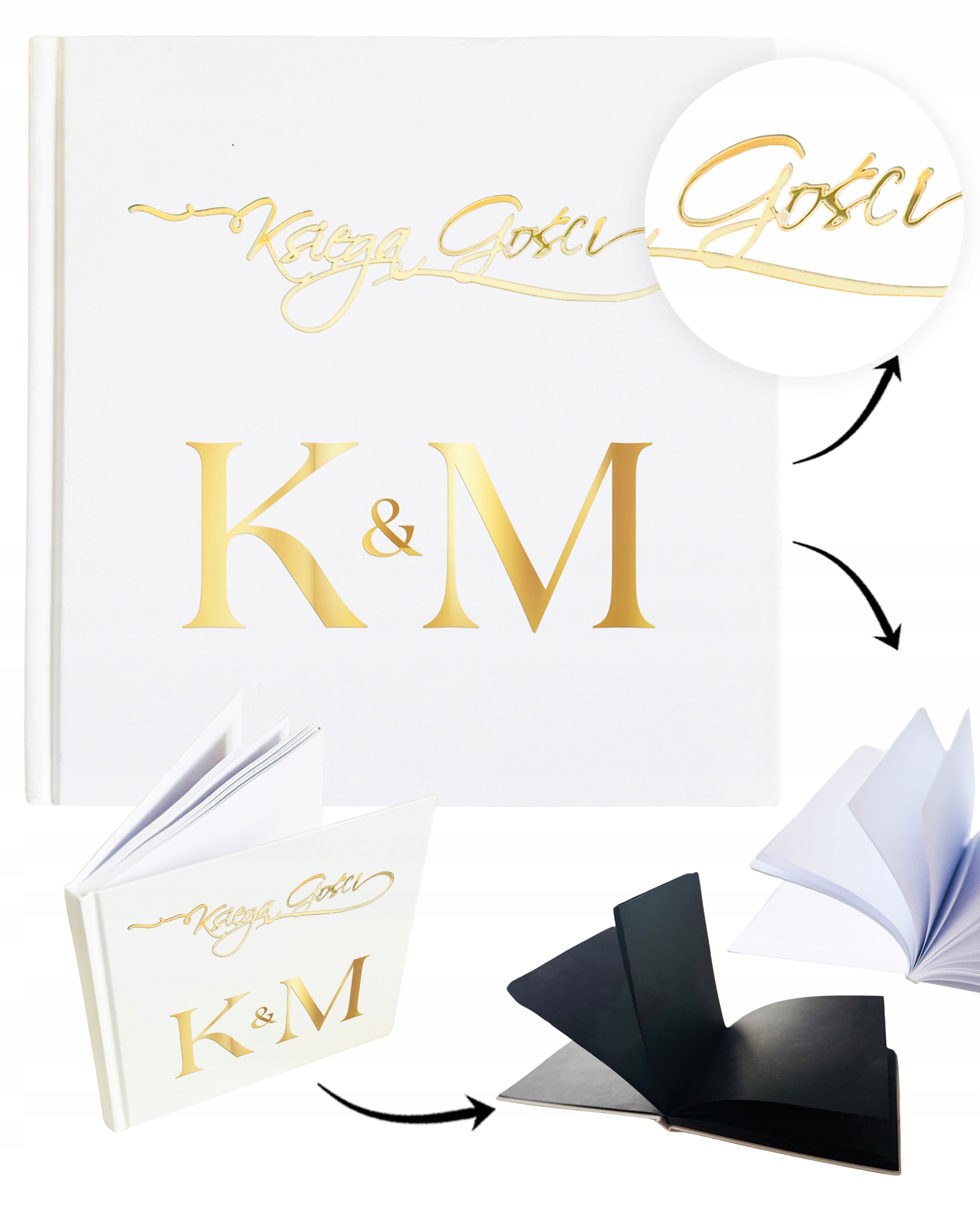 KSIĘGA GOŚCI weselnych ALBUM ZŁOTE INICJAŁY białe czarne karty PAMIĄTKA